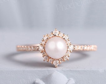 Vintage Akoya Perle Verlobungsring Moissanite Halbe Ewigkeit Versprechen Ring Zarte Halo Moissanite Ehering Goldring Geschenke für Frauen