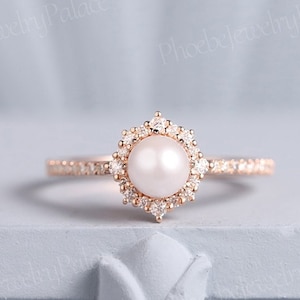 Vintage Akoya Pearl Engagement Ring Moissanite Half Eternity Promise Ring Delicate Halo Moissanite Wedding Ring Gold Ring Gifts for Women