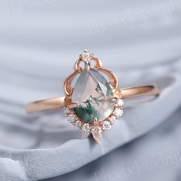 Vintage Pear Cut Moss Agate Engagement Ring Dainty Rose Gold Moissanite Cluster Wedding Ring Unique Green Gemstone Bridal Ring For Women