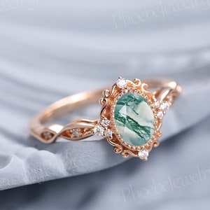 Unique Moss Agate Engagement Ring Vintage Filigree Rose Gold Wedding Ring Dinty Green Gemstone Moissanite Cluster Wedding Ring for Women