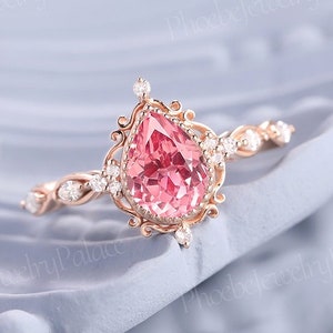 Vintage peach sapphire engagement ring delicate pear pink sapphire wedding ring solid gold rings unique handmade gift anniversary gift women