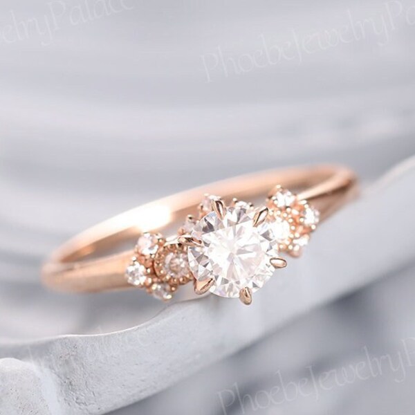 Vintage Moissanite Engagement Ring Dainty Milgrain Rose Gold Wedding Ring Moissanite Cluster Bridal Ring Round Cut Moissanite Ring For Women