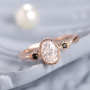 Vintage Oval Cut Moissanite Engagement Ring Unique Black Onyx Cluster Wedding Ring Mligrain Rose Gold Bridal Ring Moissanite Promise Ring