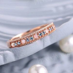 Unique Alexandrite & opal wedding band solid gold engagement ring stacking band for women vintage straight wedding ring personalized gifts