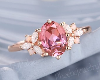 Unique pink sapphire engagement ring solid gold peach sapphire rings for women vintage opal moissanite cluster wedding ring custom ring
