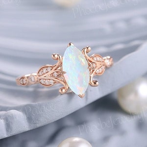 Vintage natural opal engagement ring unique marquise opal wedding rings for women solid gold flora ring diamond cluster antique ring gift
