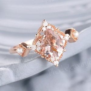 Vintage Morganite Engagement Ring Pear Cut Gold Morganite Ring Unique Cluster Moissanite Wedding Ring Art Deco Delicate Vine Floral Rings