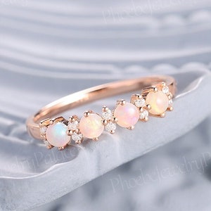 Natural Opal Ring Art Deco Rose Gold Wedding Band Unique Matching Ring Genuine Moissanite Delicate Dainty Bridal Wedding Bands for Women