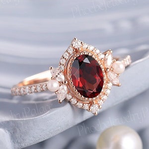Vintage Oval Shaped Garnet and Pearl Engagement Ring Art Deco Ruby Filigree Solid Gold Wedding Ring Unique Birthstone Ring Anniversary Gift