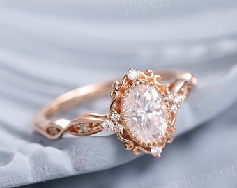 Vintage Oval Shaped Moissanite Engagement Ring Art Deco Filigree Rose Gold Wedding Ring Unique Moissanite Cluster Bridal Ring For Women