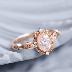 Vintage Oval Shaped Moissanite Engagement Ring Art Deco Filigree Rose Gold Wedding Ring Unique Moissanite Cluster Bridal Ring For Women