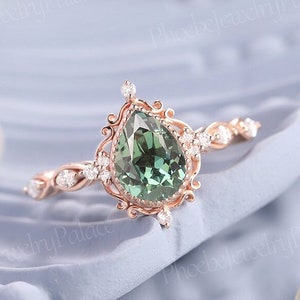 Unique olive green sapphire engagement ring delicate pear green sapphire wedding ring solid gold rings handmade anniversary ring gift women