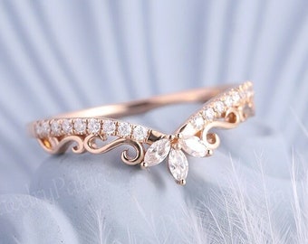 Unique curved wedding band Marquise Cut Rose Gold Diamond Bridal Band Vintage Wedding Ring Moissanite Stacking Matching Chevron Band Custom