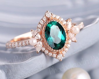Vintage Emerald and Pearl Engagement Ring Delicate Oval Green Gemstone Wedding Ring Solid Gold Promise Ring for her Unique Anniversary Gift