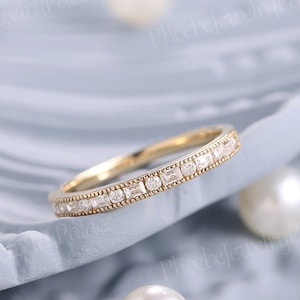 Vintage moissanite engagement ring solid 14k gold delicate diamond wedding band unique milgrain stacking rings anniversary handmade gift