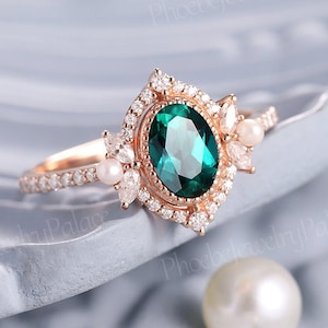 Vintage Emerald and Pearl Engagement Ring Delicate Oval Green Gemstone Wedding Ring Solid Gold Promise Ring for her Unique Anniversary Gift