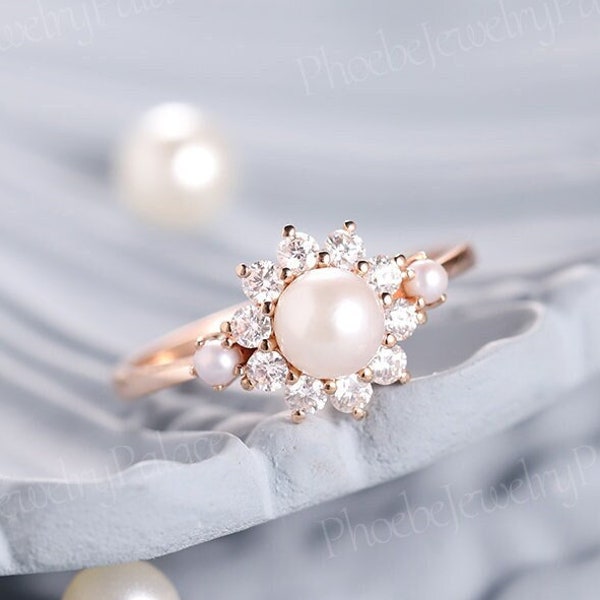 Art Deco Akoya Pearl Engagement Ring Delicate Moissanite Rings For Women Halo Wedding Ring Pearl Cluster Ring Promise Ring Gifts For Women