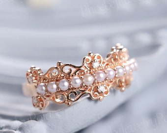Vintage Perle Ehering Perle Verlobungsring Filigrane Ehering Goldring Gerade Band Versprechen Ring Jahrestag Geschenke für Frauen