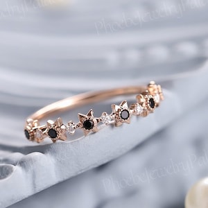 Unique Black Onyx Wedding Band Art Deco Star Crescent Moissanite Rose Gold Straight Bridal Ring Stacking Matching Promise Ring For Women