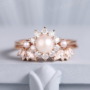 Art Deco Akoya Pearl Engagement Ring Set Halo Ring Moissanite Wedding Ring Gold Rings For Women Curved Wedding Band Anniversary Gift For Her