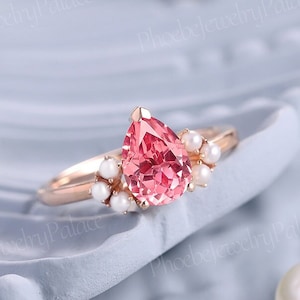 Vintage Pink Sapphire Engagement Ring Dainty Solid Rose Gold Peach Sapphire and Pearls Wedding Rings Unique Promise Ring Handmade Gift Women