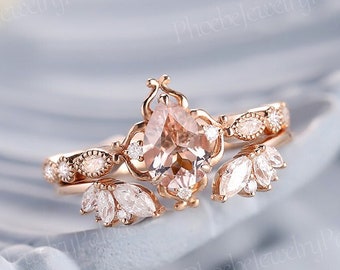 Unique Pink Morganite Engagement Ring Set Vintage Pear Cut Morgan Wedding Ring Set Milgrain Moissanite Solid Rose Gold Promise Rings for Her