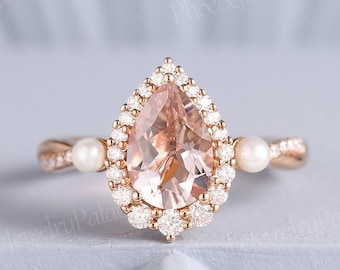 Unique pink morganite engagement ring delicate pear morganite with pearls halo wedding ring solid gold rings for women anniversary gift