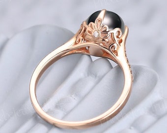 9mm Tahitiperle Schwarz Perle Verlobungsring Einzigartige Solid Gold Moissanite Ehering Art Deco Brautring Jahrestagsgeschenk Ringe für Frauen