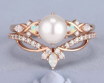 Vintage Akoya Perle Verlobungsring Set Einzigartige Solid Gold Ehering Set Frauen Art Deco Opal Stapeln Passendes Braut Set für Frauen Custom