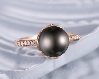 Delicate Natural 8mm Tahitian Black Pearl Engagement Ring Antique Solid Gold Wedding Ring Art Deco Bridal Rings Women Promise Ring for Her