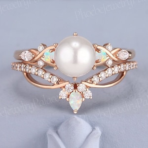 Vintage Akoya Pearl Engagement Ring Set Unique Solid Gold Wedding Ring Set Women Art Deco Opal Stacking Matching Bridal Set For Women Custom