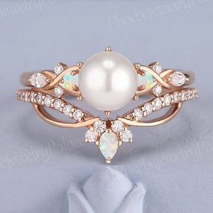 Vintage Akoya Pearl Engagement Ring Set Unique Solid Gold Wedding Ring Set Women Art Deco Opal Stacking Matching Bridal Set For Women Custom