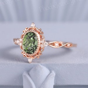 Vintage Oval Olive Green Sapphire Engagement Ring Art Deco Solid Rose Gold Wedding Ring Unique Moissanite Cluster Bridal Rings For Women