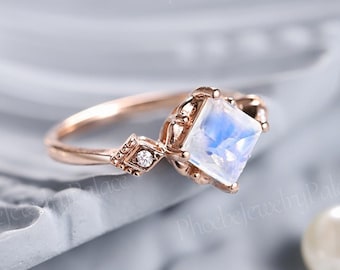 Vintage Moonstone Engagement Ring Princess Cut Moonstone Wedding