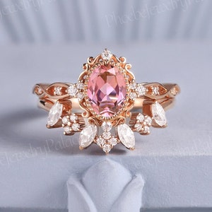 Unique pink sapphire engagement ring set vintage oval peach sapphire wedding rings women moissanite cluster curved wedding band anniversary