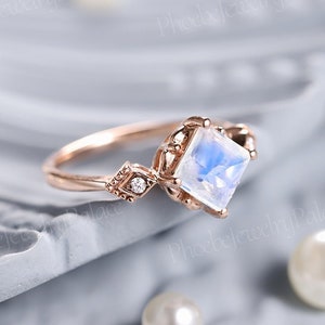 Vintage Moonstone Engagement Ring Princess Cut Moonstone Wedding Ring Rose Gold Moissanite Moonstone Wedding Ring Milgrain Moissanite Ring