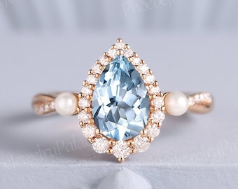 Delicate aquamarine engagement ring unique pear cut aquamarine with pearls halo wedding ring solid gold rings for women birthstone ring gift