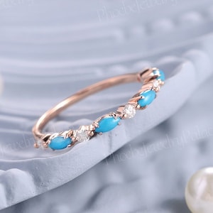 Anillo de compromiso de moissanita con banda de boda turquesa antigua, anillos turquesas azules para mujer, anillo de boda recto vintage, regalos personalizados