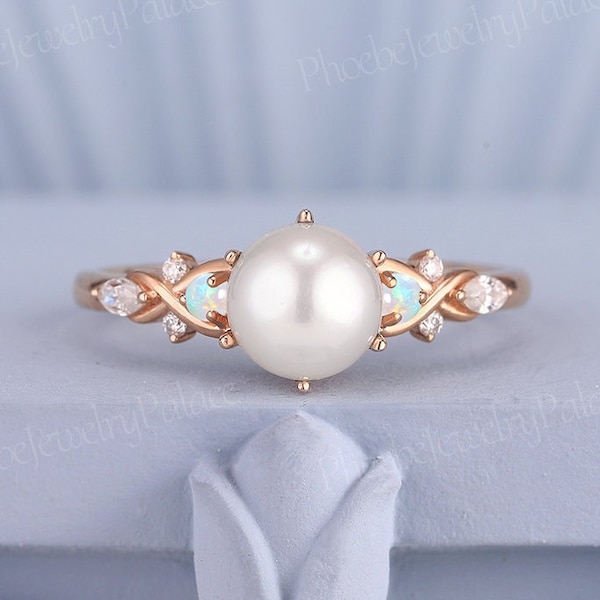 Art Deco Akoya Pearl&Opal Engagement Ring Vintage Solid Gold Diamond Wedding Rings for Women Vintage Twist Minimalist Ring Anniversary Gift
