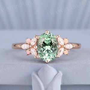 Vintage Green Sapphire Engagement Ring Unique Natural Opal Wedding Ring ArtDeco Moissanite Cluster Diamond Rings for Women Anniversary Gift