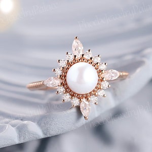 Unique Akoya Pearl Engagement Ring 14/18K Solid Rose gold Vintage Halo Moissanite Diamond Wedding Ring Anniversary Gift Promise Ring for Her