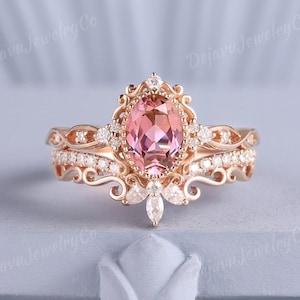 Vintage Rosa Saphir Verlobungsring Set Einzigartige Oval Trauringe für Frauen Diamant Gebogener Ehering Handgemachtes Jahrestagsgeschenk für Sie