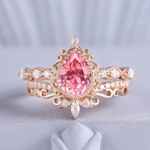 Einzigartige Rosa Saphir Verlobungsring Set Vintage Birne Hochzeit Ringe für Frauen Gold Diamant Lünette Ring Set Filigrane Ringe Handgemachter Schmuck