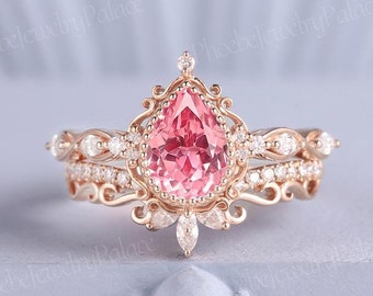 Einzigartige Rosa Saphir Verlobungsring Set Vintage Birne Hochzeit Ringe für Frauen Gold Diamant Lünette Ring Set Filigrane Ringe Handgemachter Schmuck