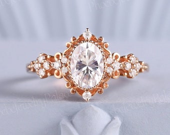 Vintage Oval Moissanite Engagement Ring Art Deco Filigree Rose Gold Wedding Rings for Women Unique Moissanite Bridal Ring Gift for Her