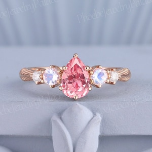 Unique peach sapphire engagement ring delicate pear pink sapphire wedding ring solid 14k gold rings handmade gift anniversary gift women