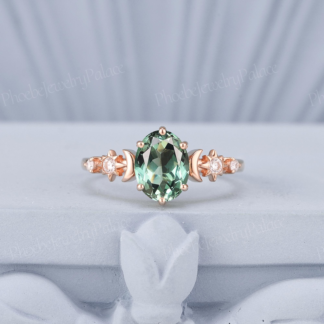 Art Deco Green Sapphire Engagement Ring Rose Gold Minimalism Star Moon ...