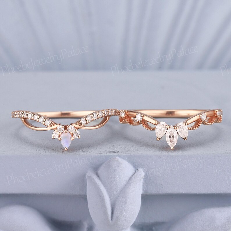 Art Deco Moissanite Wedding Band Set Rose Gold Ring Opal Double Curved ...