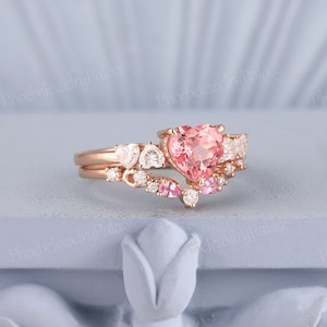 Art Deco Heart Cut Peach Pink Sapphire Engagement Ring Set Rose Gold ...