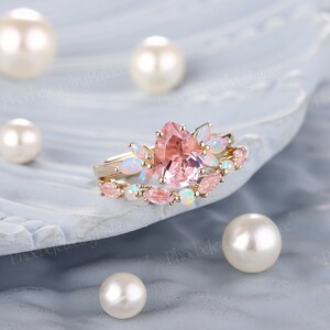 Unique Peach Pink Sapphire Engagement Ring Set Vintage Natural Sapphire ...